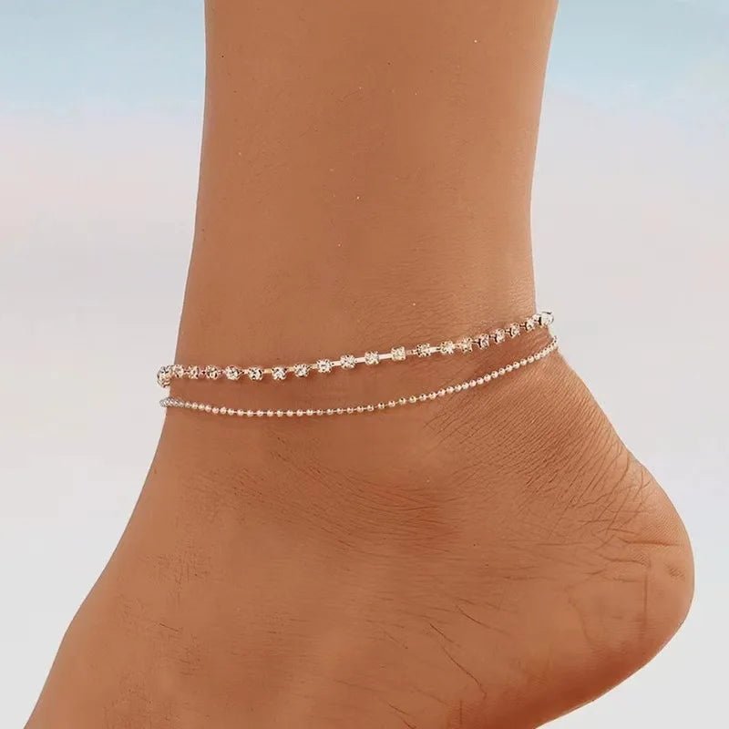 Women Foot Accessorie Summer Beach Barefoot Sandals Bracelet Crystal Silver Color Chain Link Anklets - memorylane shop