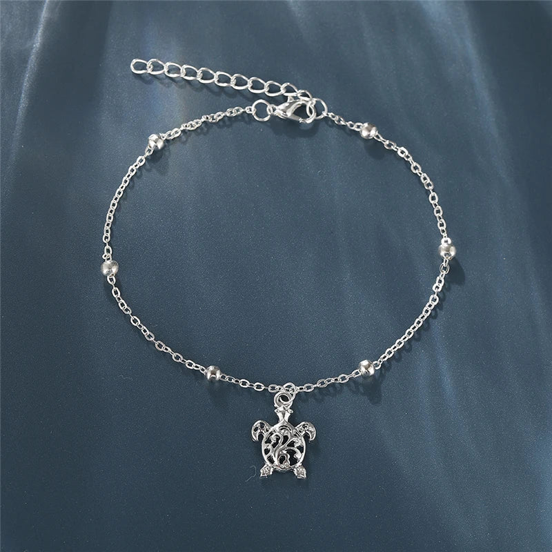 Summer Beach Silver Color Turtle Shaped Anklets For Women Hollow Animal Beaded Anklet Bracelet On the Leg Foot Jewelry - memorylane shop