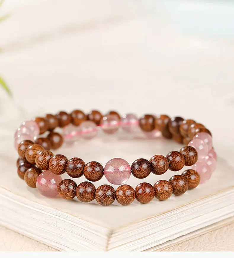 2026 natural golden sandalwood strawberry quartz lucky beads double layer beaded bracelet for women men summer fresh gift for gi