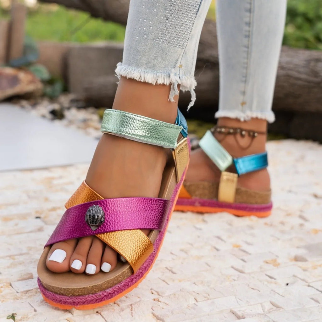 Summer Women Sandals 2026 Fashionable Color Ankle Strap Round Toe Thick Soled Female Shoes New Trendy Casual Comfort Sandals - memorylane shop