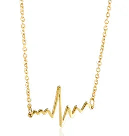 Gold necklace with a heart rate design on a white background