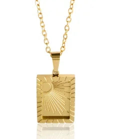 Gold necklace with a rectangular pendant on a white background