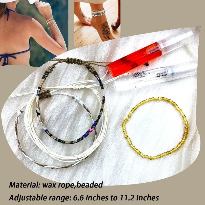 Bracelets and syringes on a white surface with text about material and adjustable range.