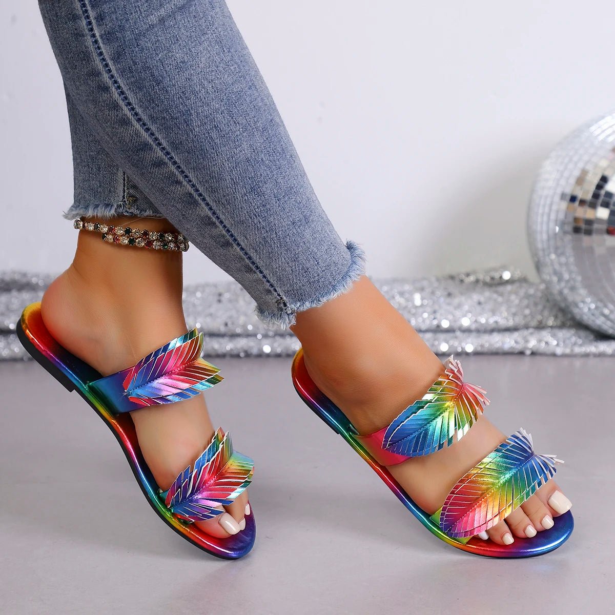 Summer New Flat Sandals for Women, Fashion Iridescent Gradient One - Strap Sandals, Internet - Famous Versatile Beach Shoes, Soft - Sl - memorylane shop