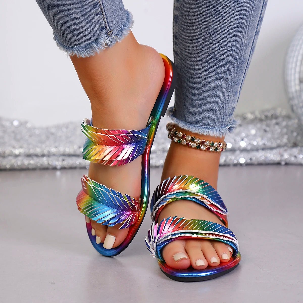Summer New Flat Sandals for Women, Fashion Iridescent Gradient One - Strap Sandals, Internet - Famous Versatile Beach Shoes, Soft - Sl - memorylane shop