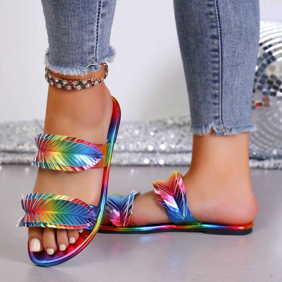 Summer New Flat Sandals for Women, Fashion Iridescent Gradient One - Strap Sandals, Internet - Famous Versatile Beach Shoes, Soft - Sl - memorylane shop