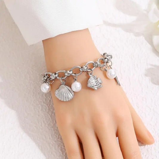 Summer Beach Stainless Steel Bracelets For Women Starfish Shell Ocean Style Pendant Bohemian Jewelry Gift Fashionable ResortWear - memorylane shop