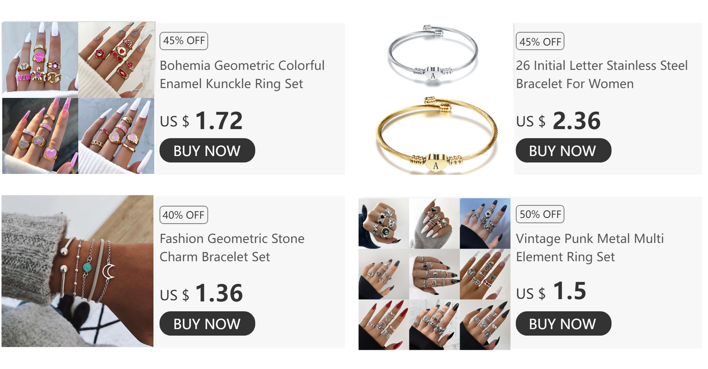 Jewelry sale advertisement with various rings and bracelets on a white background