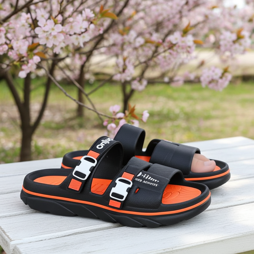 Black and orange sandals on a wooden surface with cherry blossom trees in the background