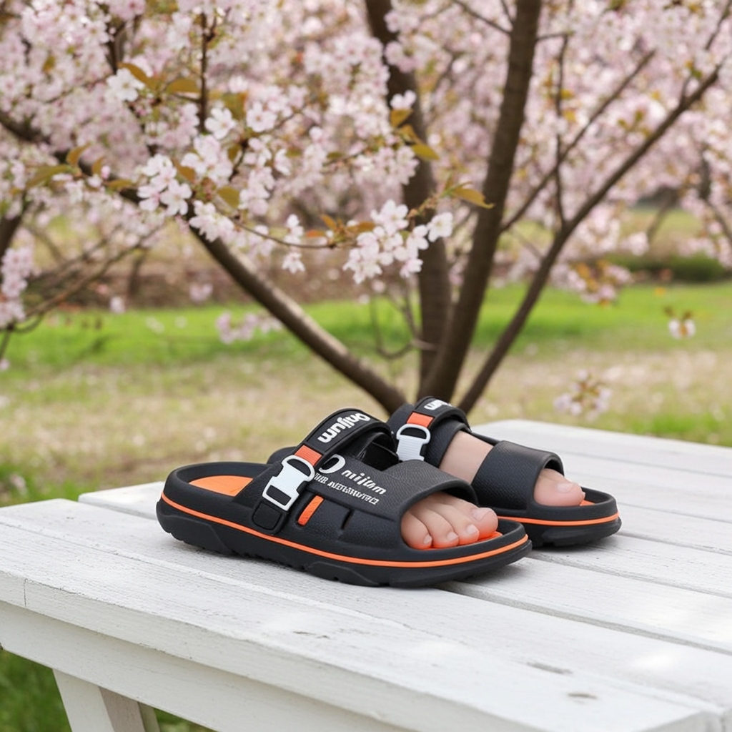 Black sandals with orange accents on a white bench in front of cherry blossom trees.